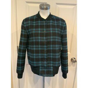 Kate Spade Saturday Green & Navy Blue Plaid Bomber Jacket, Size Medium